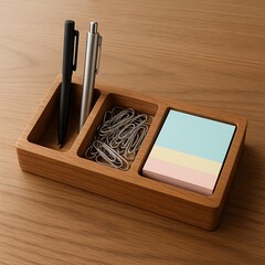 Wooden desk organizer with pens, paper clips, and sticky notes.