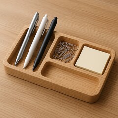Wooden desk organizer holding pens, paperclips, and sticky notes on a wood surface.