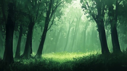 Obraz premium Green tall trees in a summer forest