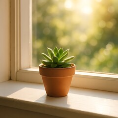 A small succulent plant sits in a terracotta pot on a windowsill, bathed in sunlight.
