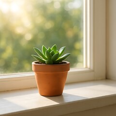 A succulent plant in a terracotta pot sits on a windowsill with sunlight streaming through the window.
