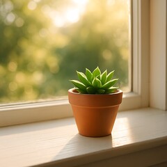 A small succulent plant sits in a terracotta pot on a sunlit windowsill.