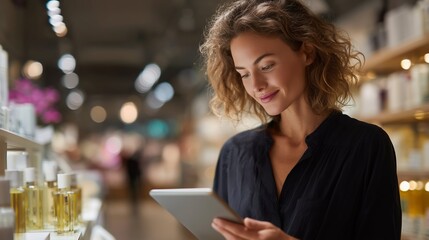 Woman using tablet to browse products in a cosmetics store during the evening
