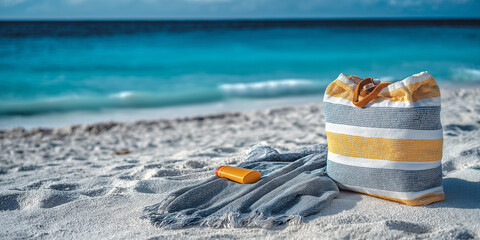 Obraz premium Striped beach bag and sunscreen rest on towel on white sand of exotic island, with turquoise sea in background. scene evokes sense of relaxation and vacation