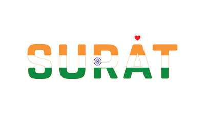 I Love SURAT, Typographic Design of I Love SURAT on a white background, Flag Typography of SURAT with heart, Vector design of I Love SURAT