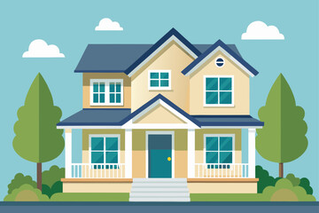 Two Story Suburban House With Porch And Lush Summer Greenery