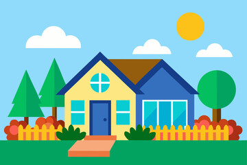 Fototapeta premium Suburban House With Colorful Garden Beds And Summer