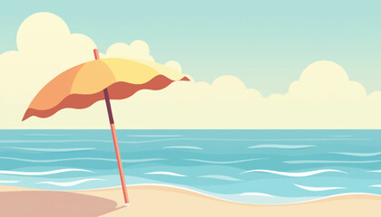 A beach scene with a yellow and orange umbrella on the sand, overlooking the ocean under a cloudy sky.