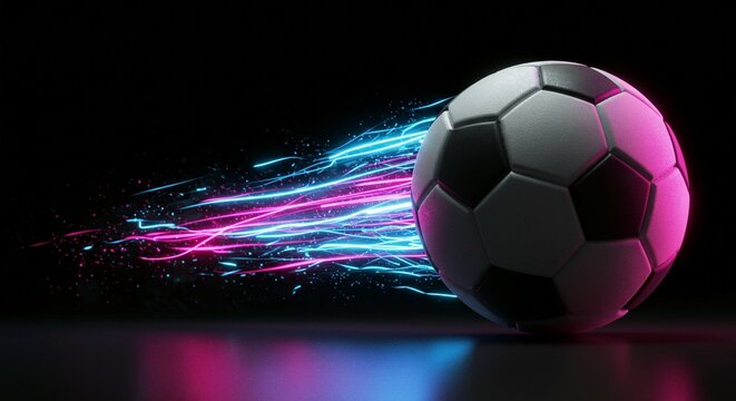 Dynamic image of a soccer ball in motion, with vibrant light trails creating a sense of speed and energy against black backdrop.