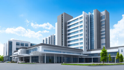 Modern hospital building with blue sky backdrop