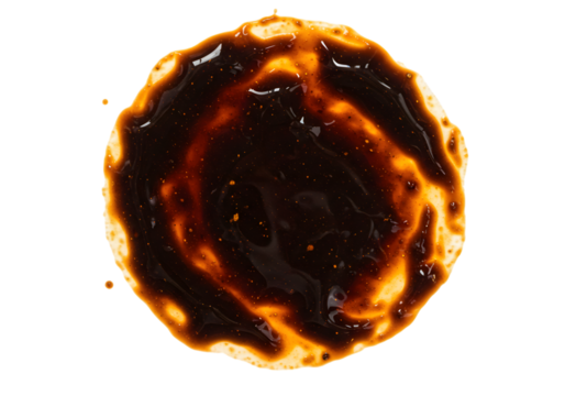Intense Glossy Black Sauce Spill with Fiery Highlights Isolated on PNG Background.