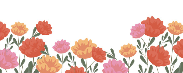 Fototapeta premium Colorful floral border with red, pink, orange, and yellow spring flowers and green leaves on a transparent background, ideal for seasonal and festive designs