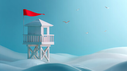 Lifeguard tower stands tall against blue backdrop