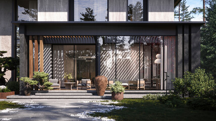 Modern house exterior day light with lawn grass and luxury landscaping.3d rendering