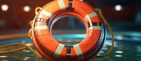 Life Preserver's Lifeline: An orange life preserver, equipped with a durable rope, rests calmly near a pool, evoking feelings of security and safety for all users.