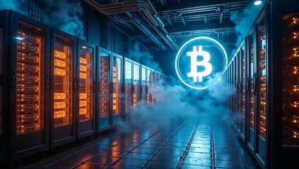 Cyberpunk Bitcoin Mining Facility – Glowing Servers & Liquid-Cooled Rigs in Futuristic Underground Vault