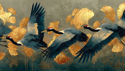Elegant Blue Cranes Soaring Amidst Golden Ginkgo Leaves Teal Background Artistic Avian Flight