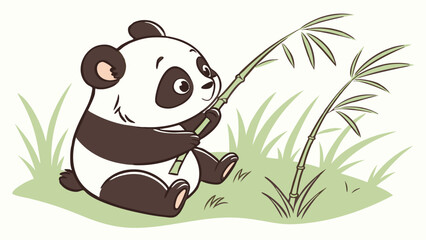 A cute cartoon panda bear illustration with bamboo leaves in nature, ideal for a fun design or wild animal character from China