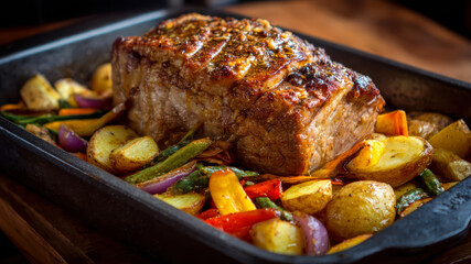 Tender meat surrounded by colorful roasted veggies