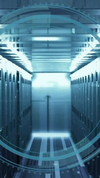 Animation of cyber security text, digital data processing over computer servers