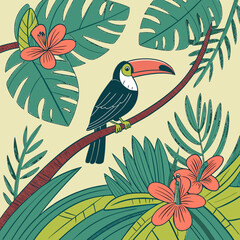 Seamless pattern with colorful tropical birds, toucans, and hornbills on branches in a wild jungle forest