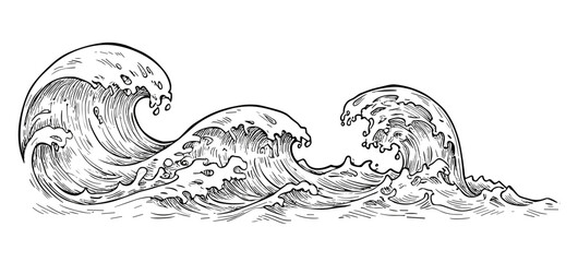 Doodle sketch of ocean waves on transparent background for beach and summer design