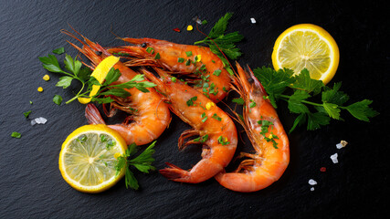 Fresh shrimp garnished with herbs and lemon slices