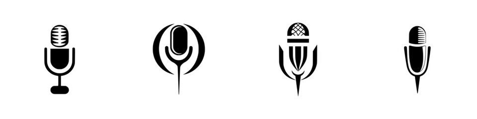 Silhouette pictogram icons set depicting various microphone designs for audio and music-related activities