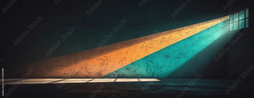 Poster light streaming through window illuminating textured wall in dark room creating colorful patterns