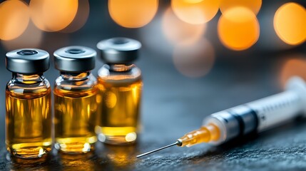 Medical vials with amber liquid and syringe on dark background with golden bokeh lights, dramatic healthcare composition for medical concepts.