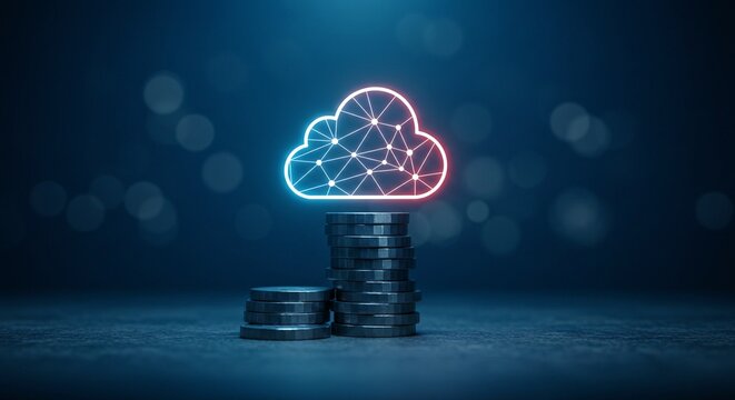 An abstract digital cloud icon rests above stacks of coins, symbolizing the cost and value of cloud technology.