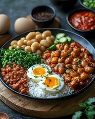 Spicy chickpea curry bowl with sunny side up eggs, steamed rice, baked beans, fresh herbs and cucumber slices served on dark plate for healthy lunch.