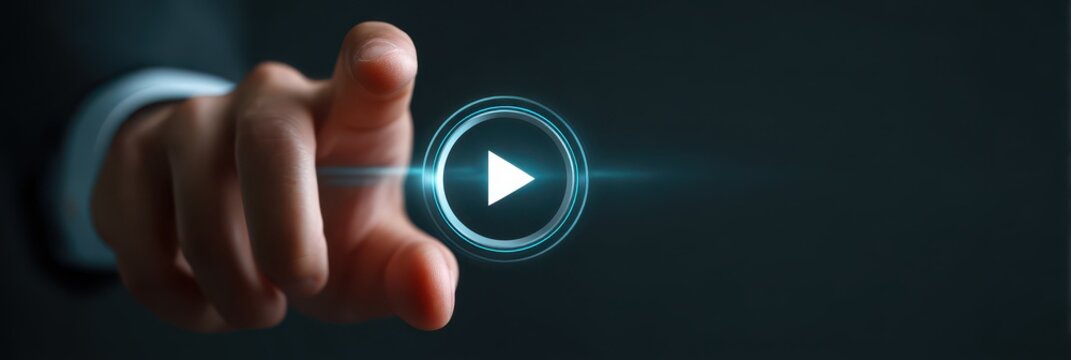 Launch Play Video. Hand Press Play Button Concept for Media Business Success
