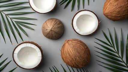 Tropical Flatlay of Coconuts and Palm Leaves on Gray Background