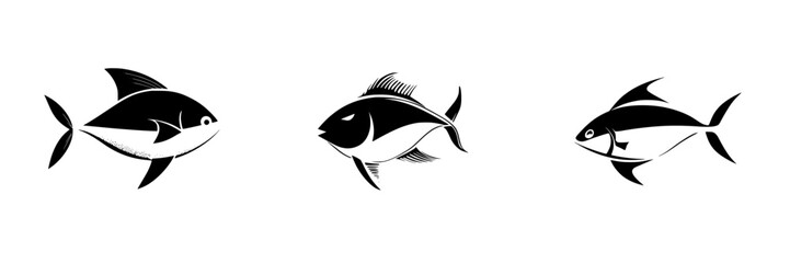 Obraz premium Silhouette pictogram set of various fish designs representing ocean life and marine diversity in a minimalist style