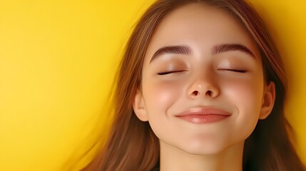 Fototapeta premium Young Caucasian woman with closed eyes and gentle smile expressing joy and serenity against vibrant yellow background, radiating happiness and positive emotions.