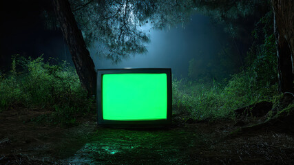 Old television set in a forest at night