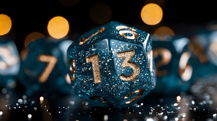 Glittering blue d20 dice with golden numbers on dark background with bokeh lights, macro photography showing intricate details and sparkles for tabletop gaming.