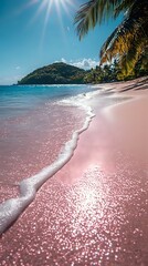 Stunning pink sand beach with turquoise water, palm trees, and mountain backdrop under bright sunlight, waves gently lapping at shore creating serene tropical scene.