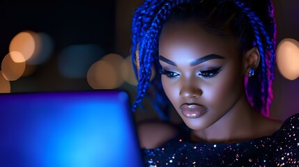 Young African American woman with braids illuminated by blue laptop light in dark room, wearing sparkly outfit and dramatic makeup, focused on screen at night.