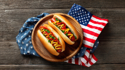 Delicious hot dogs on a rustic wooden table