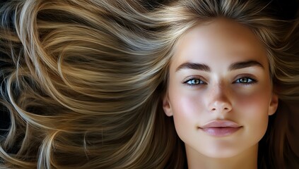 Young Caucasian woman with flowing blonde hair and natural makeup lying down, looking directly at camera with confident smile against dark background. For beauty and fashion.