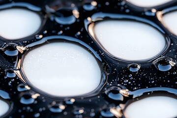 Macro photography of water drops forming circular patterns on dark hydrophobic surface, creating abstract geometric composition with light reflections.