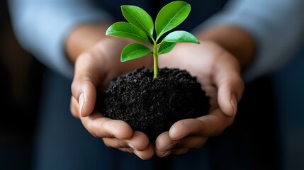 Young green sprout growing in rich soil held in cupped hands against dark background, representing growth, nurturing and environmental conservation.
