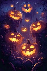 Glowing jack o'lanterns with carved scary faces floating in dark mystical forest at night, illuminated pumpkins creating spooky Halloween atmosphere.