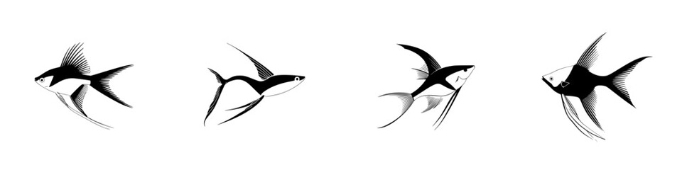 Fototapeta premium Silhouette pictograms of various fish species showcasing unique shapes and fin designs in a minimalist vector style