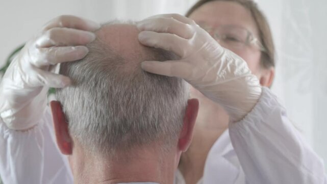 trichologist examines male scalp with balding areas, focusing on hair health and potential hair transplant solutions, preparation for hair transplant, scalp health examination, professional diagnosis