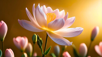 Fototapeta premium Delicate lotus flower blossoms with soft light and gentle petals against a warm golden background.