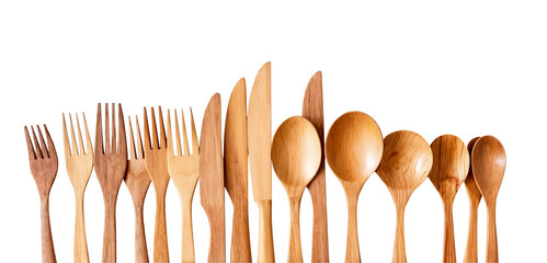 Wooden cutlery isolated on transparent background. Outdoor dining accessories in png format.