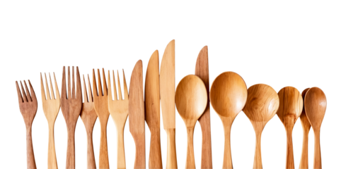 Wooden cutlery isolated on transparent background. Outdoor dining accessories in png format.